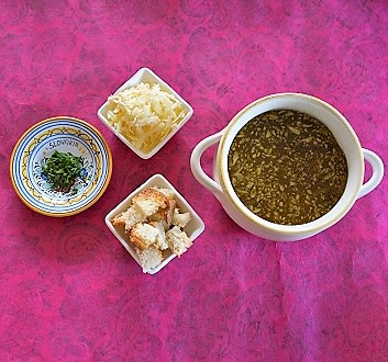 Garlic Soup with Croutons, Cheese, Parsley