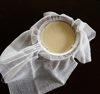 Soy Milk in Sieve & Cheesecloth